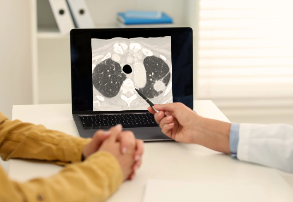 A CT scan shows a mass in the lung.